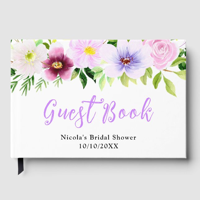 Spring Purple Flowers with Foliage Bridal Shower Guest Book (Front)