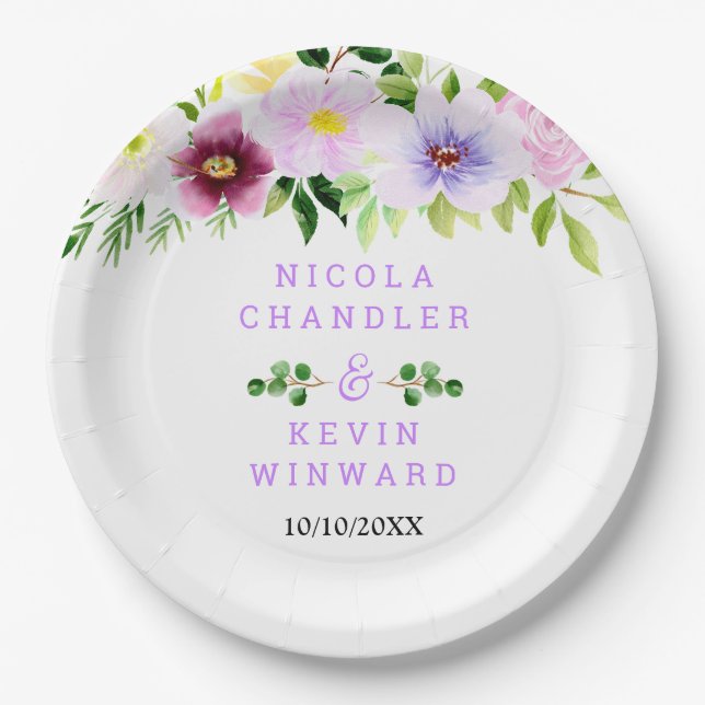 Spring Purple Flowers with Foliage Paper Plate (Front)