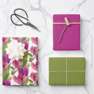 Spring Purple Pink Tulips with Solid Colour Wrapping Paper Sheet