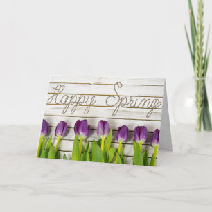 spring purple tulips on wood holiday card