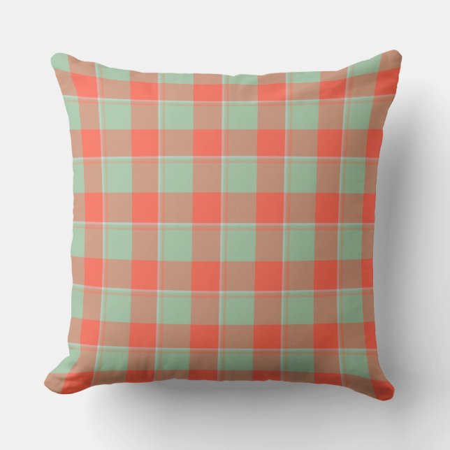 Spring Rain and Persimmon Plaid Green Apricot Throw Pillow (Front)