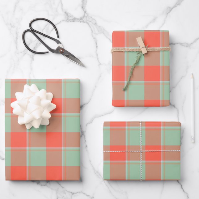 Spring Rain and Persimmon Plaid Green Apricot Wrapping Paper Sheet (Front)