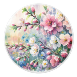 Spring Rain Blossom Watercolor Cottagecore Ceramic Knob