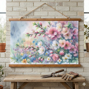 Spring Rain Blossom Watercolor Cottagecore Hanging Tapestry