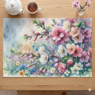 Spring Rain Blossom Watercolor Cottagecore Jigsaw Puzzle