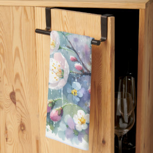 Spring Rain Blossom Watercolor Cottagecore Kitchen Towel