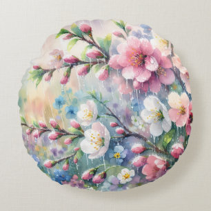 Spring Rain Blossom Watercolor Cottagecore Round Pillow