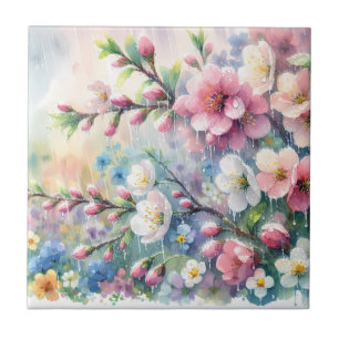 Spring Rain Blossom Watercolor Cottagecore Tile