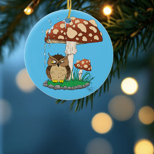 Spring Rain Shower Owl Mushroom Ceramic Ornament