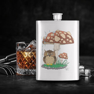 Spring Rain Shower Owl Mushroom Hip Flask