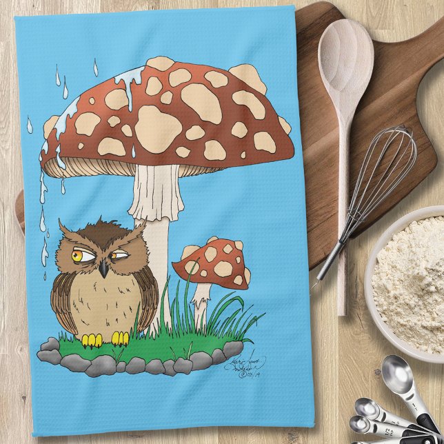 Spring Rain Shower Owl Mushroom Kitchen Towel (Creator Uploaded)