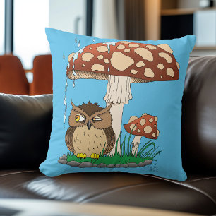 Spring Rain Shower Owl Mushroom Throw Pillow