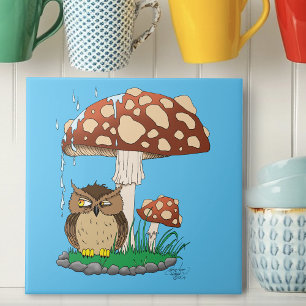 Spring Rain Shower Owl Mushroom Tile