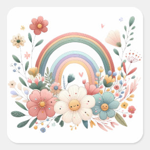 Spring Rainbow Flowers Square Sticker