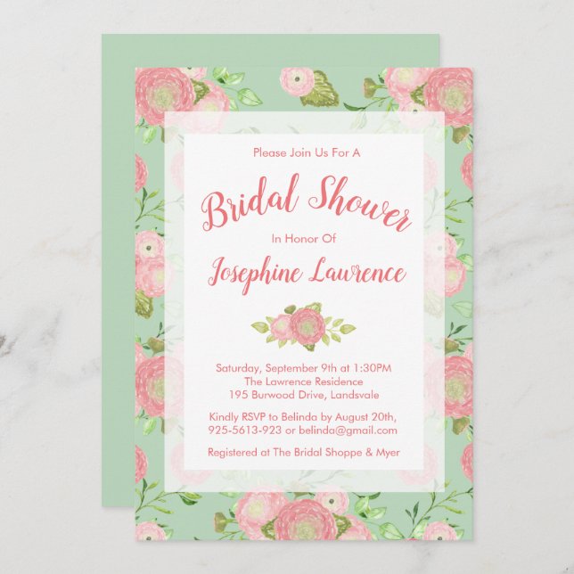 Spring Ranunculus Mint Bridal Shower Invitations (Front/Back)