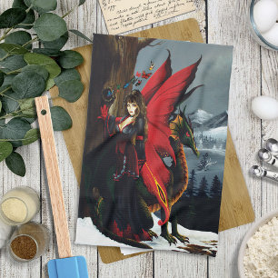 Spring Red Fairy Dragon Mother Nature Fantasy Kitchen Towel