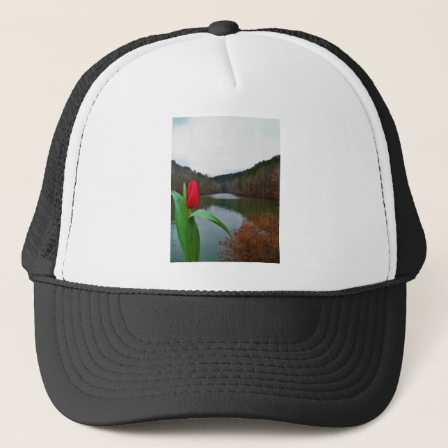 Spring Red Tulip at Lake Arrowhead Trucker Hat (Front)