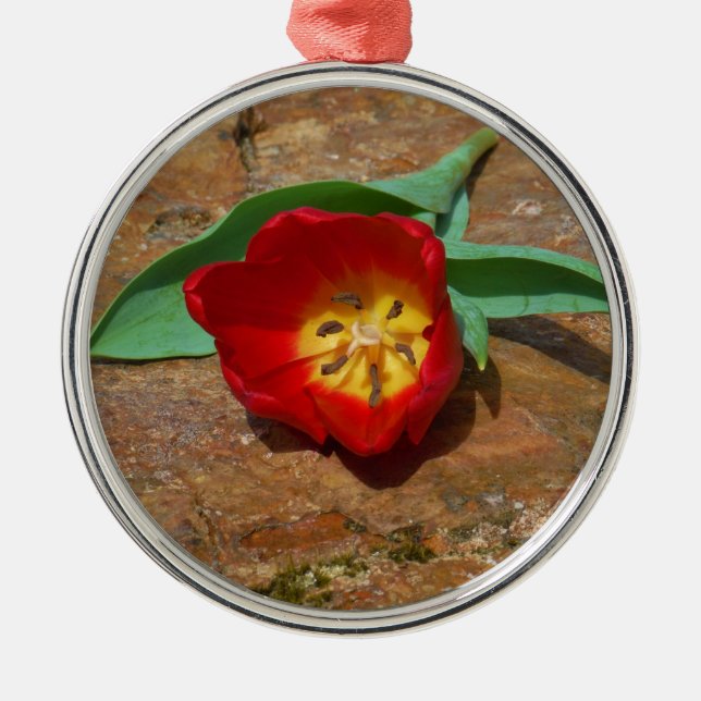 Spring Red Tulip Metal Ornament (Front)
