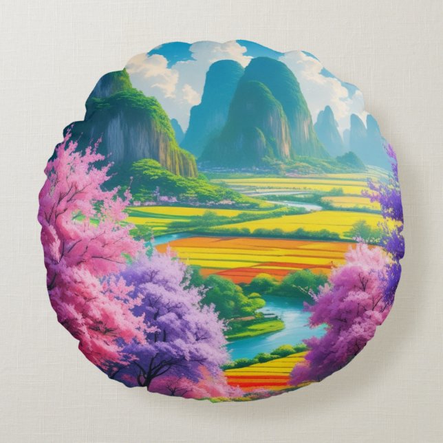 "Spring Reverie – Cherry Blossom Fantasy  Round Pillow (Front)