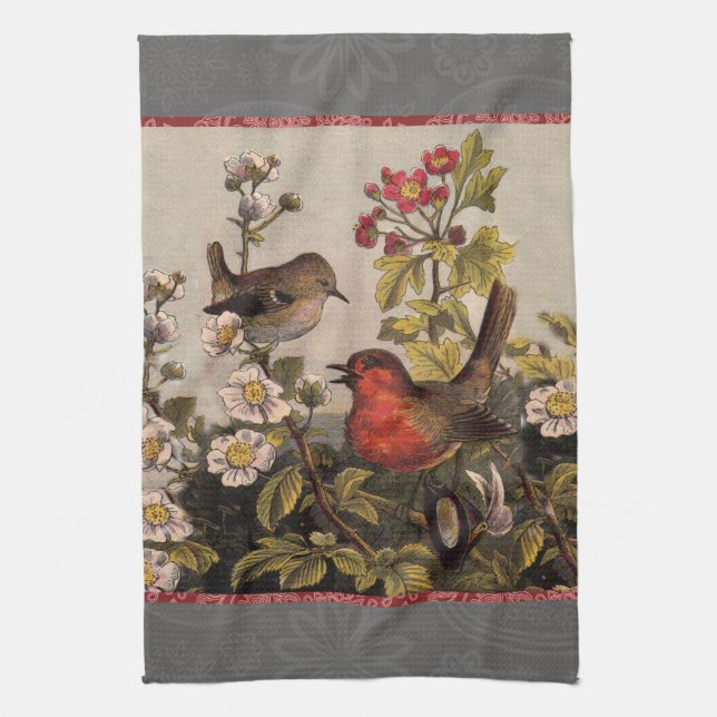 Spring Robin Birds Red Birding Kitchen Towel (Vertical)
