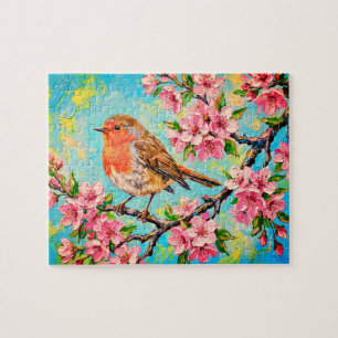 Spring Robin in Cherry Blossoms Oil Painting Jigsaw Puzzle