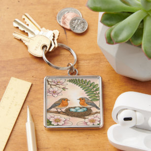 Spring Robin Nest & Magnolia Botanical Design Keychain