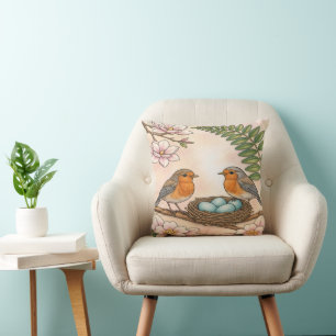 Spring Robin Nest & Magnolia Botanical Design Throw Pillow
