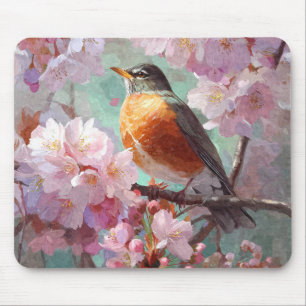 Spring Robin Pink Cherry Blossom Mousepad