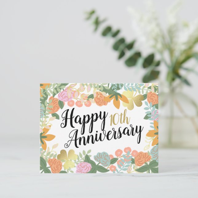 Spring Rose Bloom Clover Happy 10th Anniversary   Postcard (Standing Front)