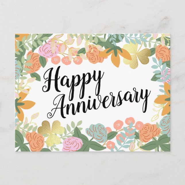 Spring Rose Bloom Clover Happy Anniversary  Postcard (Front)
