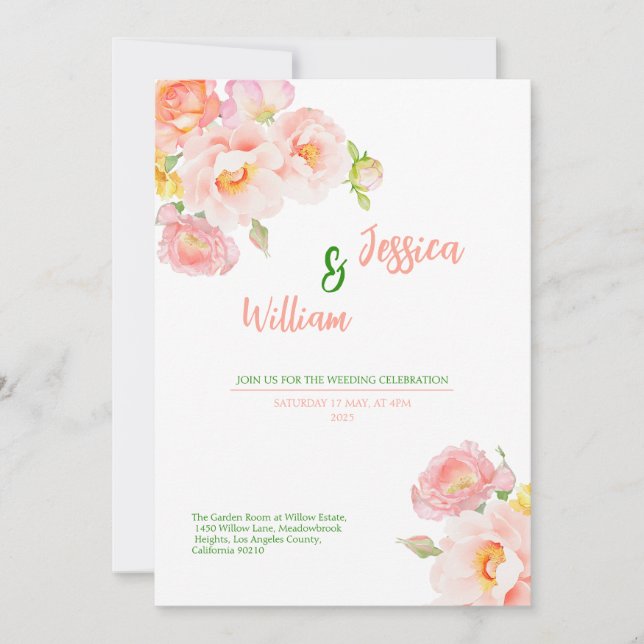 Spring Roses Pink Gold foil Wedding Invitation (Front)