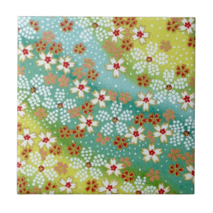 Spring Sakura Cherry Blossom Blue Yellow Origami Tile