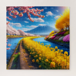 Spring Scene with Cherry Blossoms and Mountains Jigsaw Puzzle