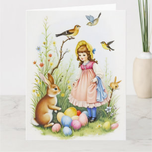 Spring Scene with Girl, Rabbit and Easter Eggs Card