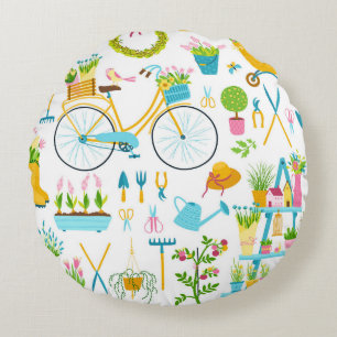Spring seamless pattern in simple hand-drawn carto round pillow
