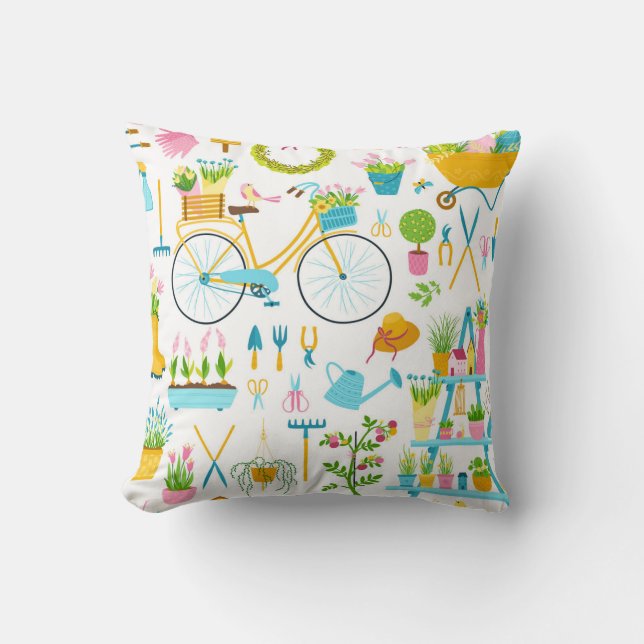Spring seamless pattern in simple hand-drawn carto throw pillow (Front)