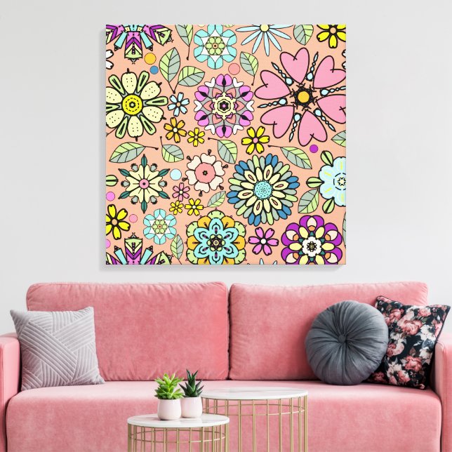 Spring Season Retro Flower Colours Seamless Patter Canvas Print (Insitu(LivingRoom))