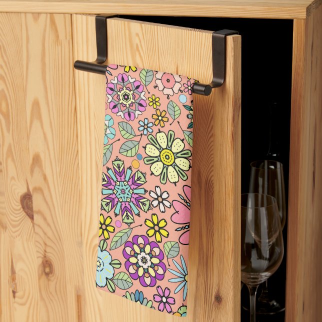 Spring Season Retro Flower Colours Seamless Patter Kitchen Towel (Thirds Fold)