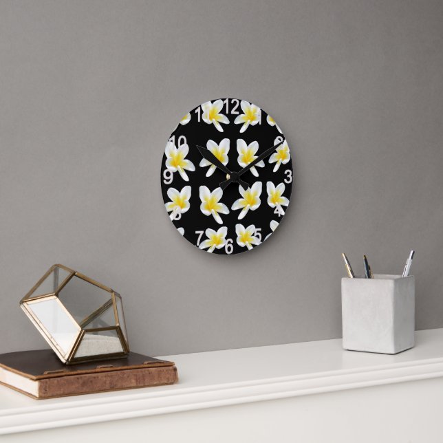 Spring Serenade: Yellow Frangipanis On Black, Round Clock (Office)