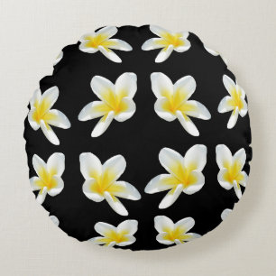 Spring Serenade: Yellow Frangipanis On Black, Round Pillow
