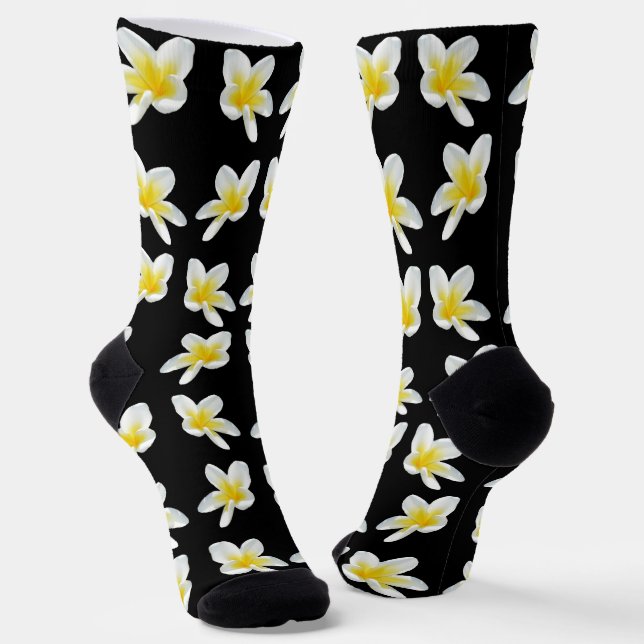 Spring Serenade: Yellow Frangipanis On Black, Socks (Angled)
