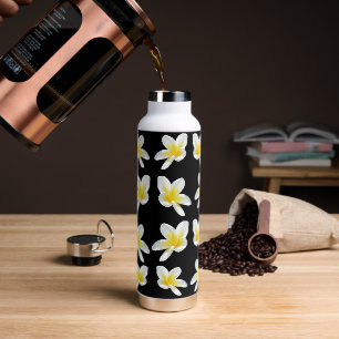 Spring Serenade: Yellow Frangipanis On Black, Water Bottle