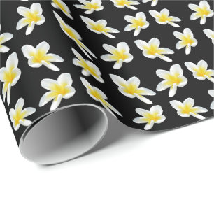 Spring Serenade: Yellow Frangipanis On Black, Wrapping Paper