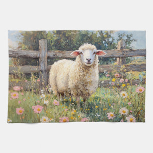 Spring Sheep with Wildflowers Painting Kitchen Towel