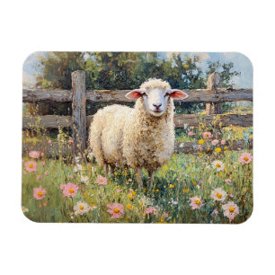 Spring Sheep with Wildflowers Painting Magnet