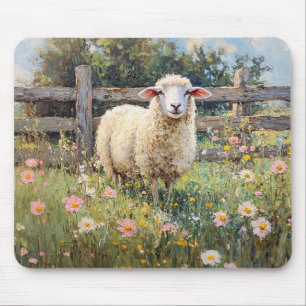 Spring Sheep with Wildflowers Painting Mouse Pad