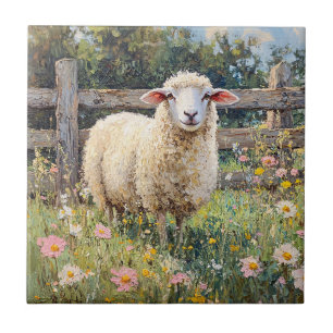 Spring Sheep with Wildflowers Painting Tile