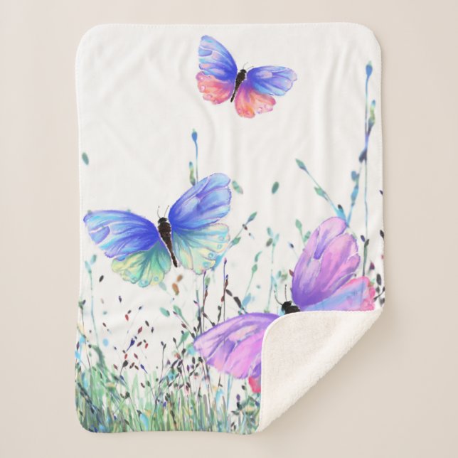 Spring Sherpa Blanket Colorful Butterflies Flying (Front)
