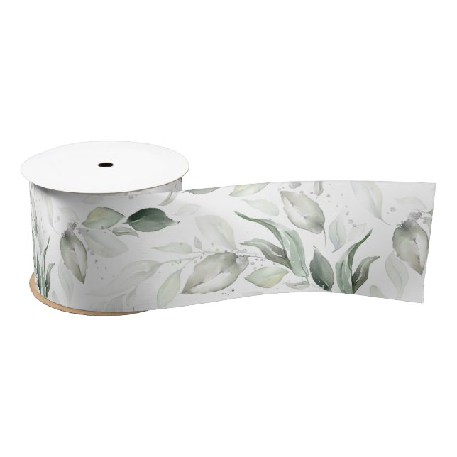 Spring Silver Greenery Foliage Elegant White Satin Ribbon (Spool)
