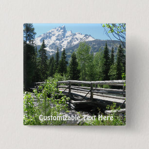 Spring Snow on Grand Tetons with Bridge over River 2 Inch Square Button